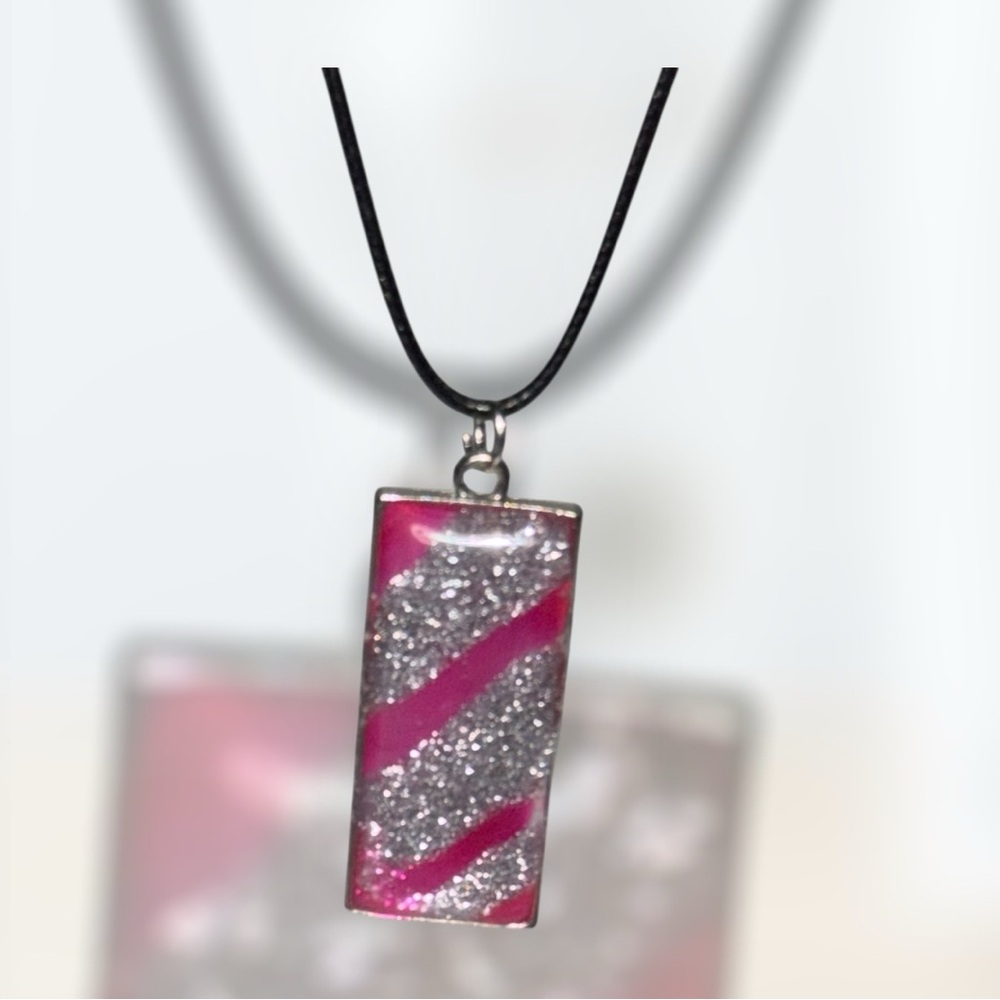 Handmade Resin Rectangle Necklace | Pink Glitter Pendant